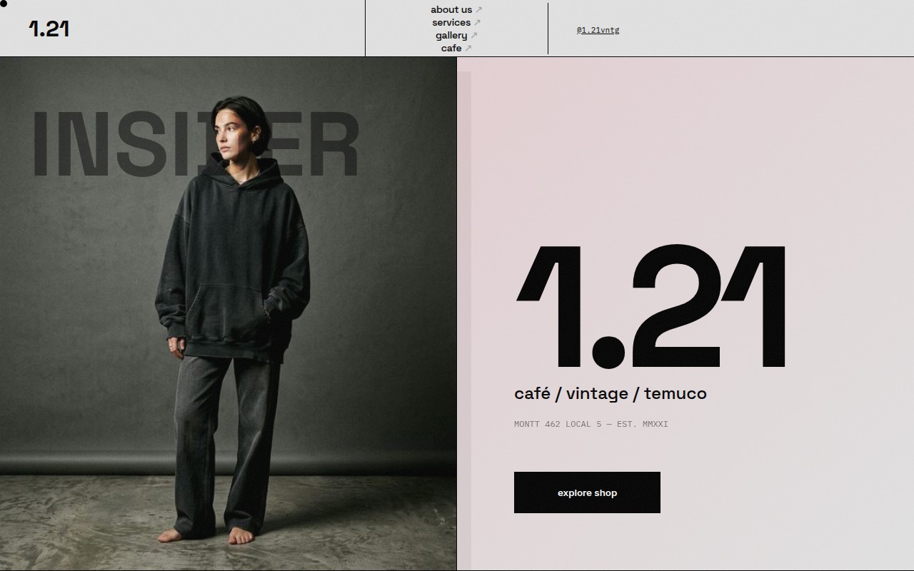 Demo 1.21 Café — diseño editorial split con tipografía bold